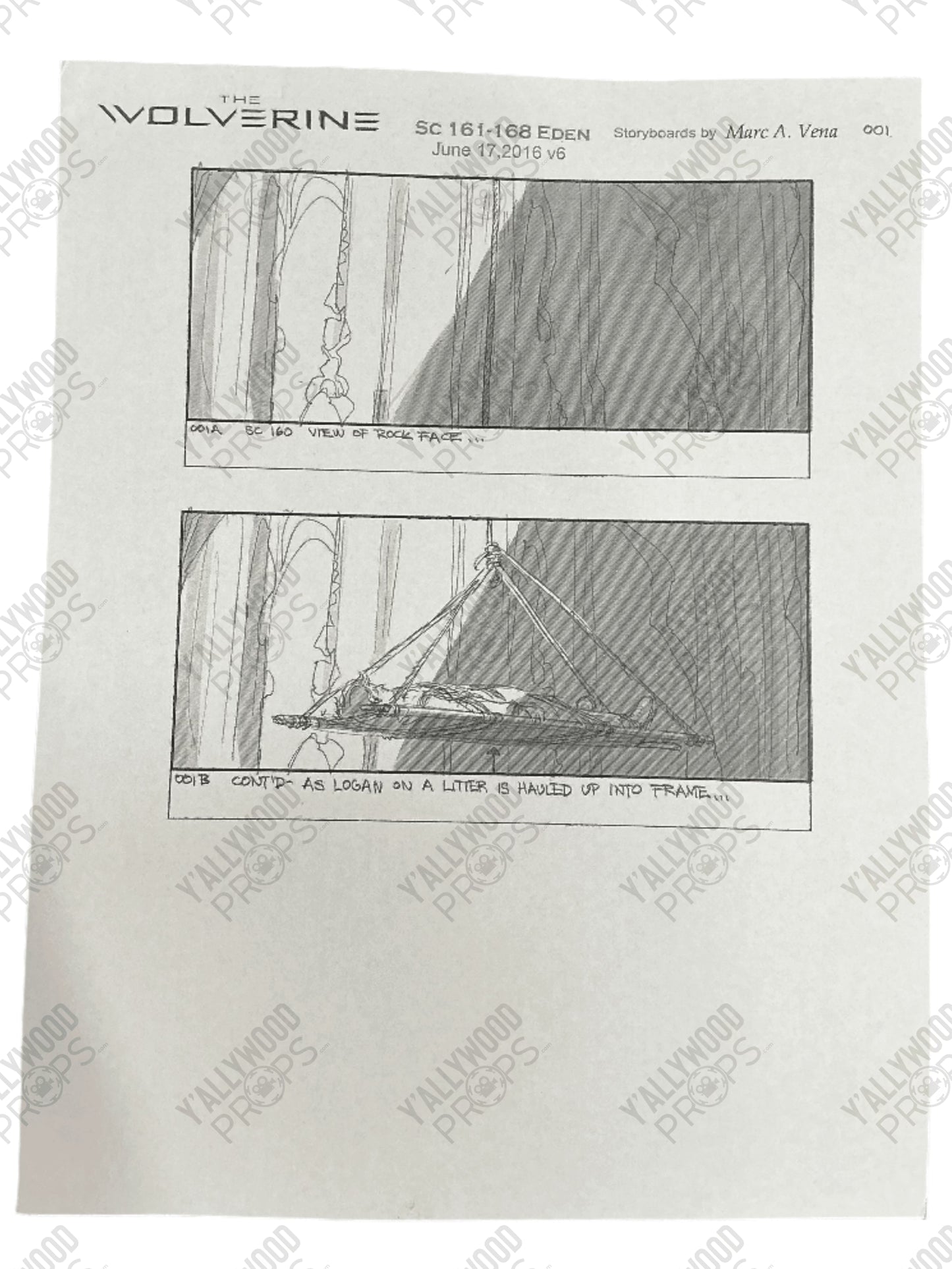 Hand-drawn storyboard page with two pencil sketches showing a character on a litter being hoisted into a frame, dated June 17