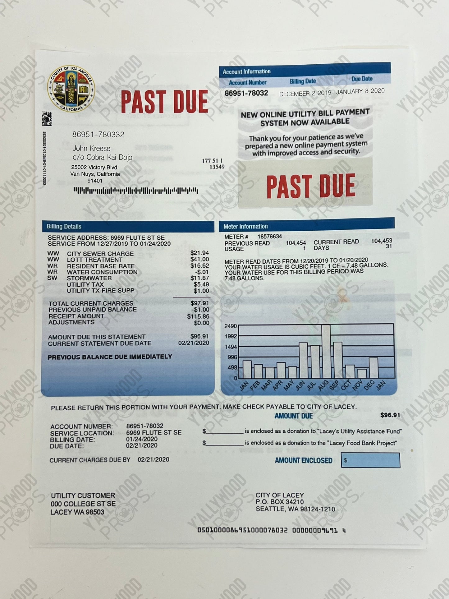Kreese’s Past Due Bills on Desk S4E2 Cobra Kai Movie Prop Y'allywood Props LA County Electric Bill Back-up