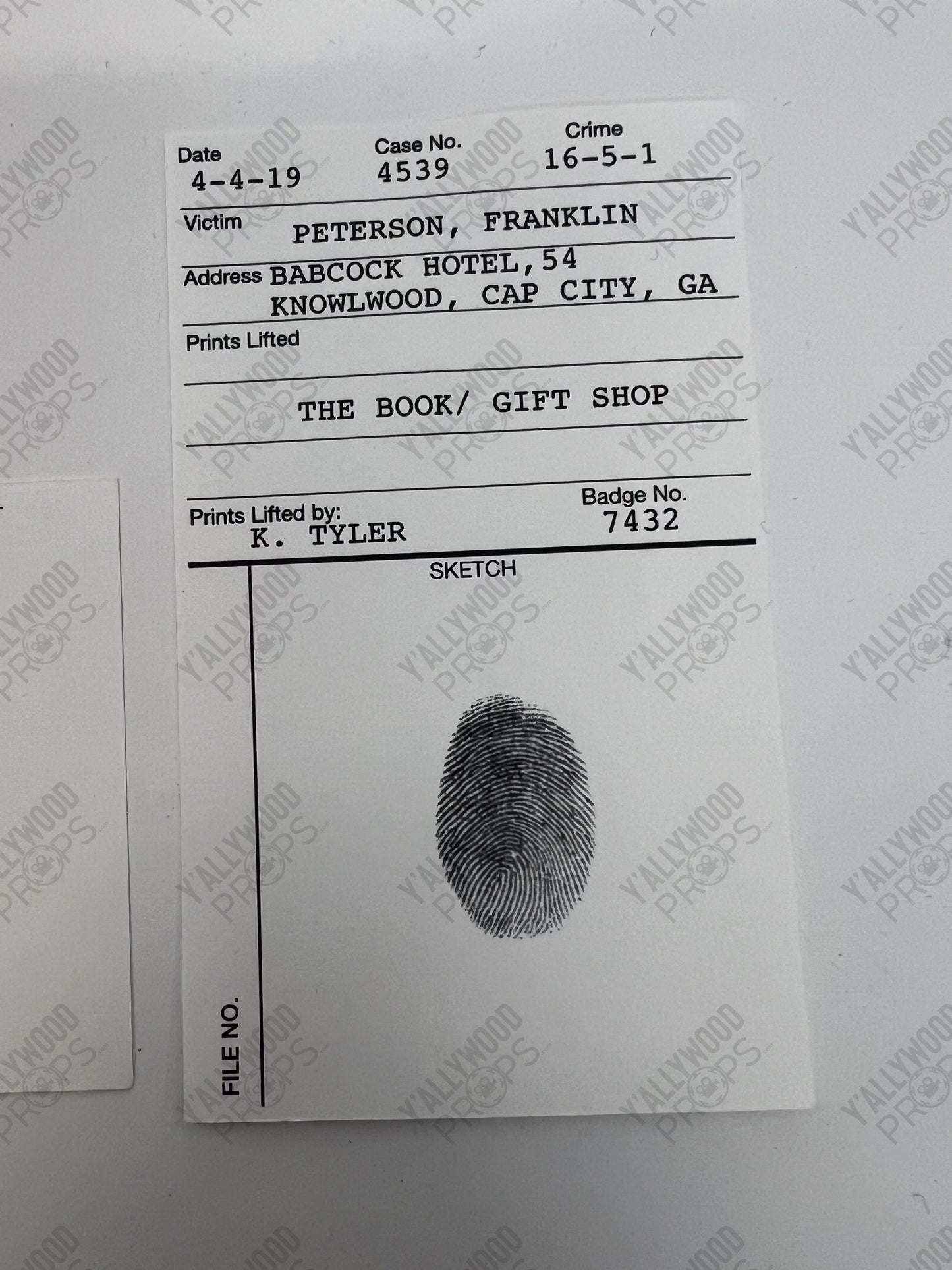 Terry Maitland Fingerprint Cards The Outsider Movie Prop Y'allywood Props Book/Gift Shop Portrait