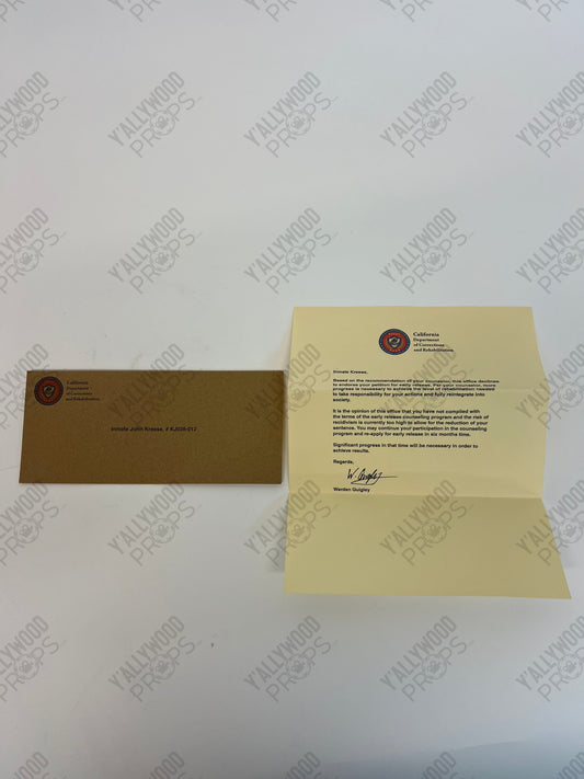 John Kreese’s Early Release Denial S5E6 Cobra Kai Movie Prop Y'allywood Props Production Back-up Letter w/Envelope