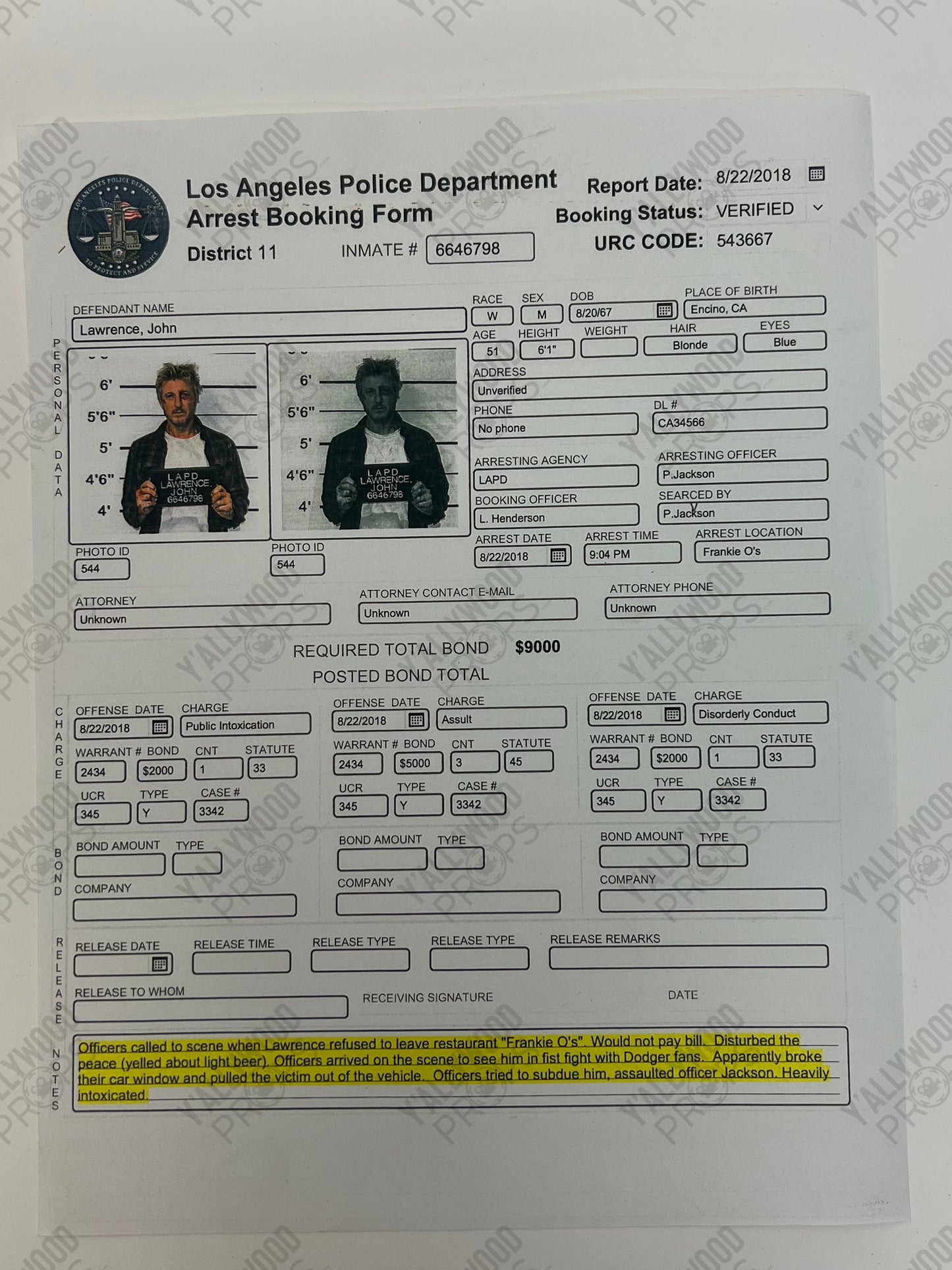 Johnny Lawrence Arrest Booking Form S3E1 Cobra Kai Movie Prop Y'allywood Props