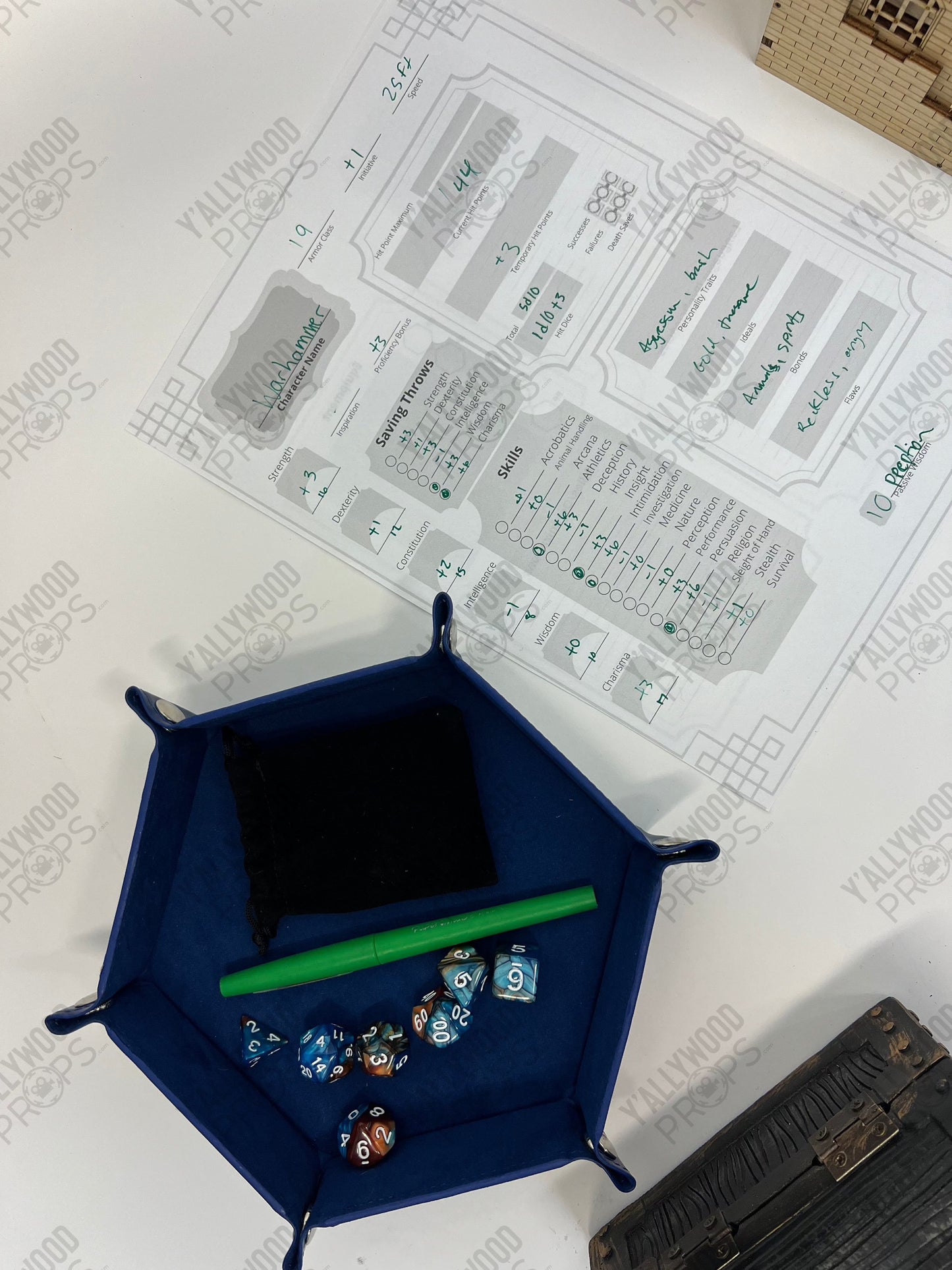 Stingray's D&D Game Set-up S5E9 Cobra Kai Movie Prop Y'allywood Props Warhammer's Character Sheet - Dice Tray - Pen