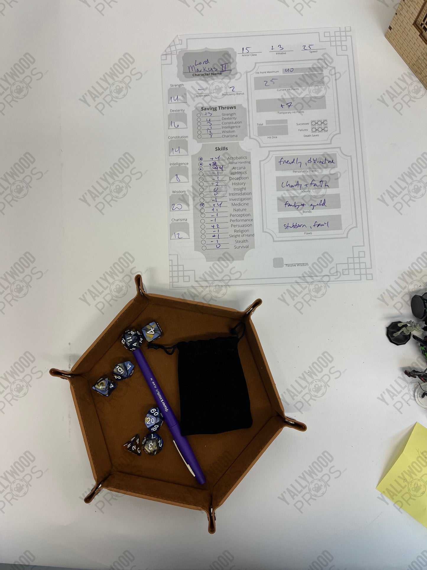 Stingray's D&D Game Set-up S5E9 Cobra Kai Movie Prop Y'allywood Props Lord Markus II Character Sheet - Dice Tray - Pen