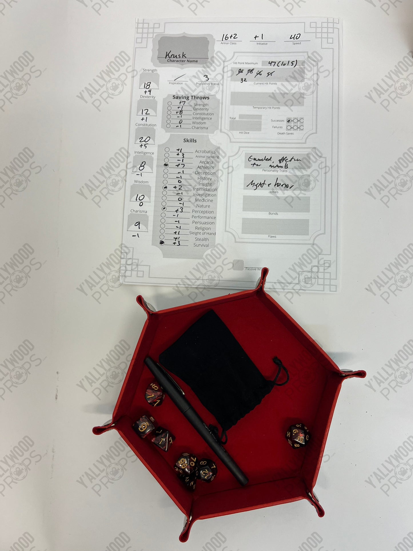 Stingray's D&D Game Set-up S5E9 Cobra Kai Movie Prop Y'allywood Props Krusk Character Sheet - Dice Tray - Pen