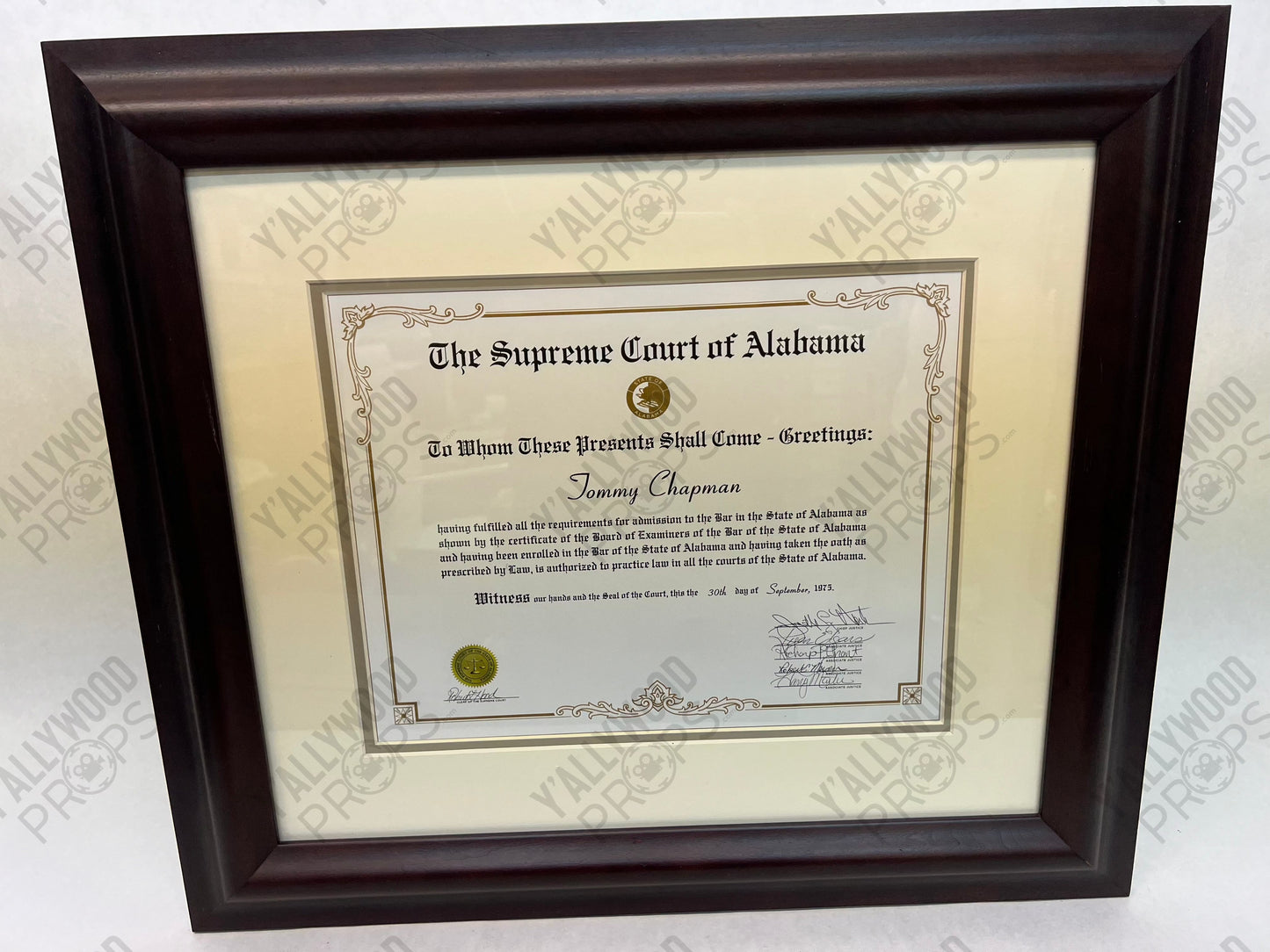 Tommy Chapman's Alabama Law Certificate Just Mercy (2019) Movie Prop Y'allywood Props