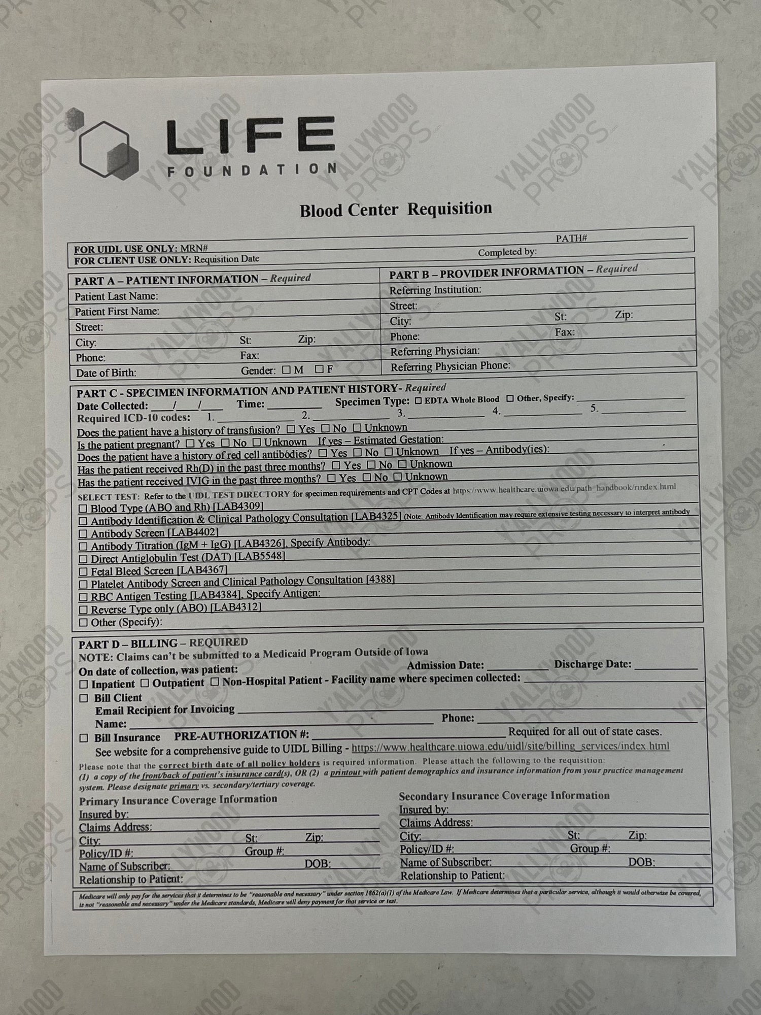 Life Foundation Form Venom (2018) Movie Prop Y'allywood Props Blood Center Requisition