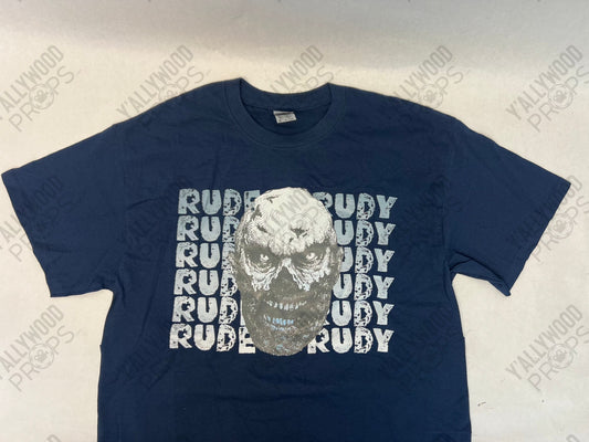 Rude Rudy Merch Table T-Shirt Heels (2021) Wardrobe Y'allywood Props Navy Blue Medium