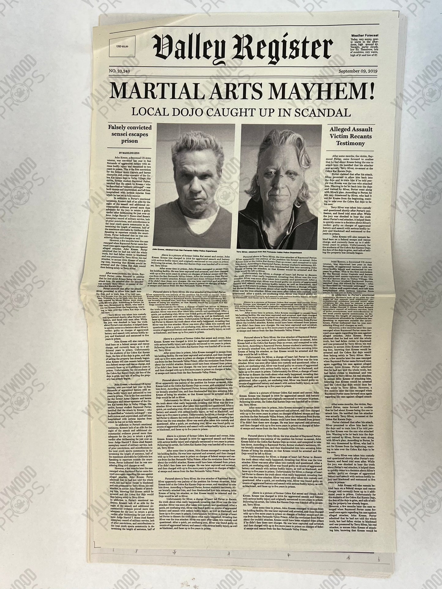 Kreese & Silver Newspaper S6E1 Cobra Kai Movie Prop Y'allywood Props