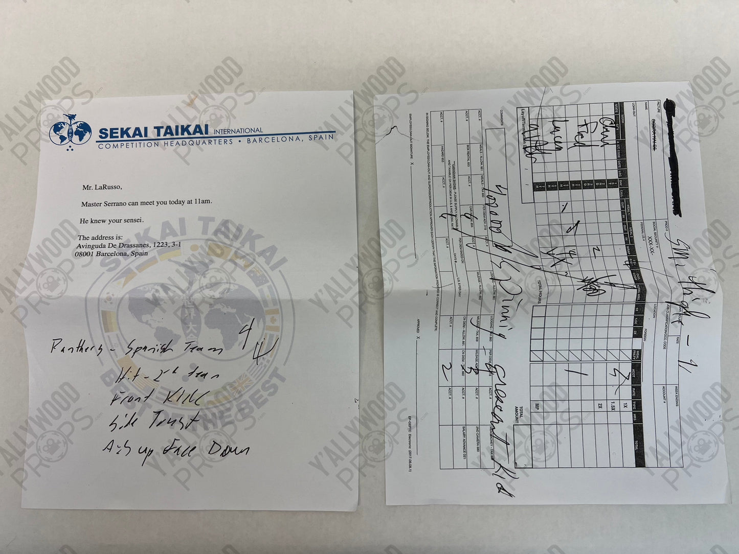 Daniel's Letter from Master Serrano S6E7 Cobra Kai Movie Prop Y'allywood Props Production Backup w/notes and time card