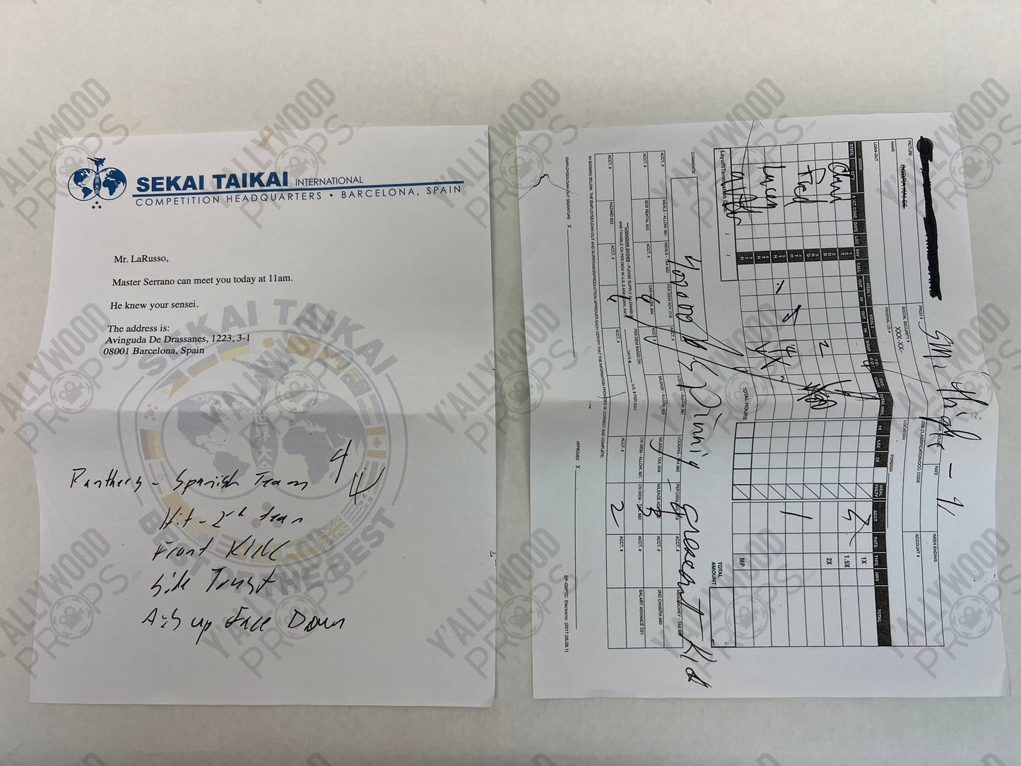 Daniel's Letter from Master Serrano S6E7 Cobra Kai Movie Prop Y'allywood Props Production Backup w/notes and time card