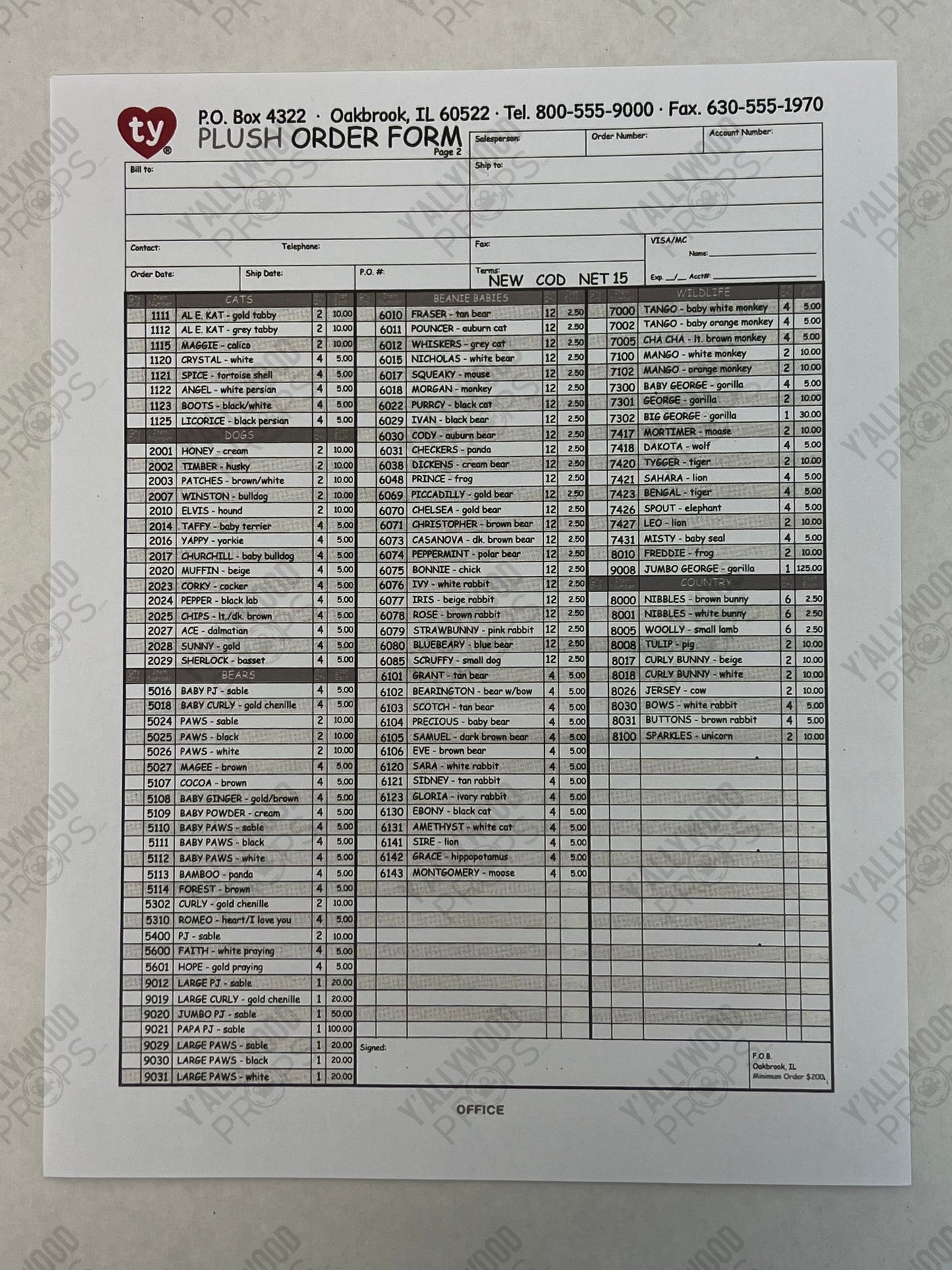 1990's Trade Show TY Order Form The Beanie Bubble (2023) Movie Prop Y'allywood Props Single Paper Form