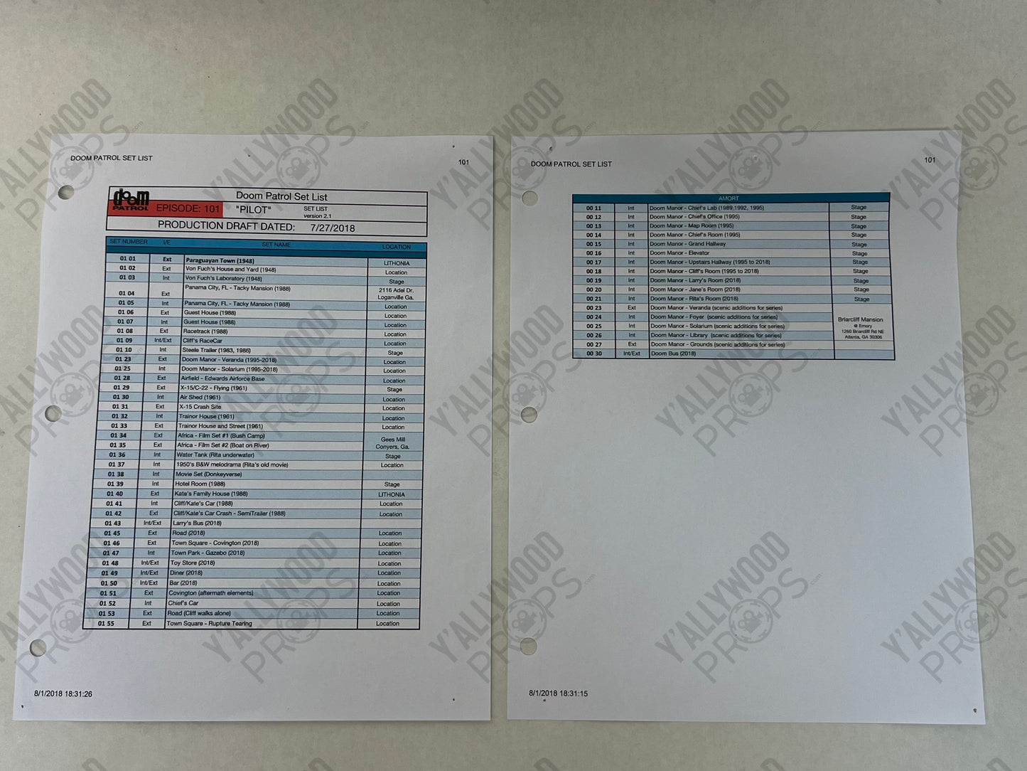 Set Lists Doom Patrol Season 1 Movie Prop Y'allywood Props Episode 1