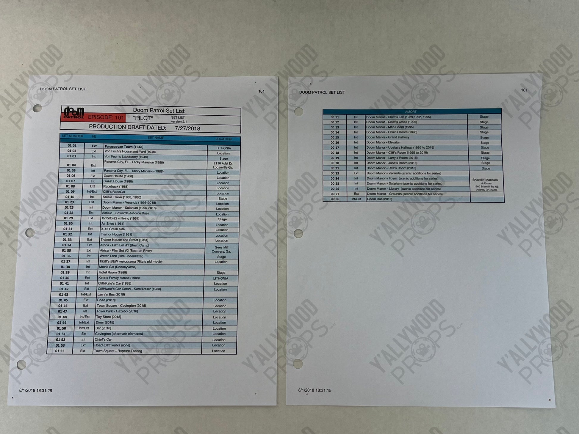 Set Lists Doom Patrol Season 1 Movie Prop Y'allywood Props Episode 1