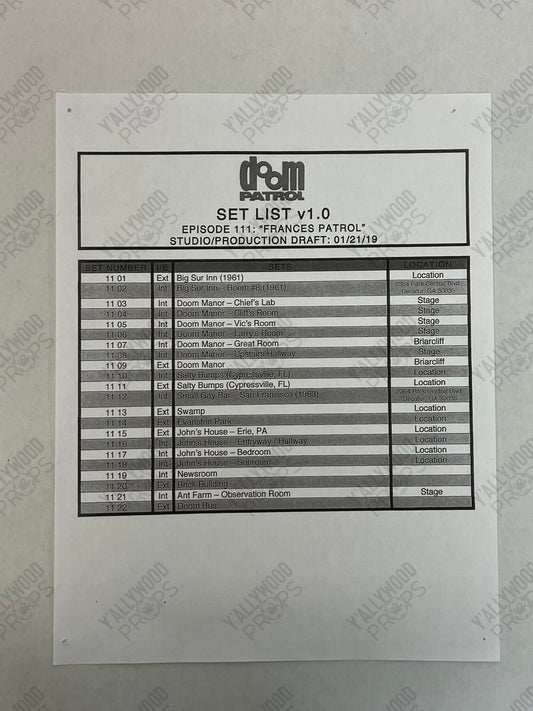 Set Lists Doom Patrol Season 1 Movie Prop Y'allywood Props Episode 11