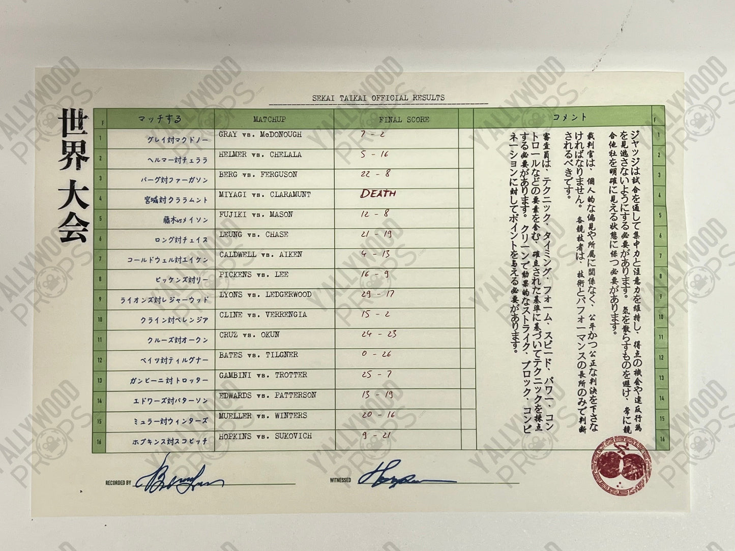 Mr. Miyagi's Sekai Taikai Results S6E9 Cobra Kai Movie Prop Y'allywood Props Backup w/o Envelope not aged