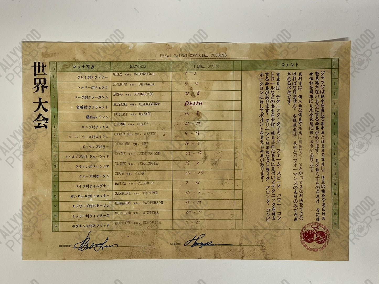 Mr. Miyagi's Sekai Taikai Results S6E9 Cobra Kai Movie Prop Y'allywood Props Backup w/o Envelope