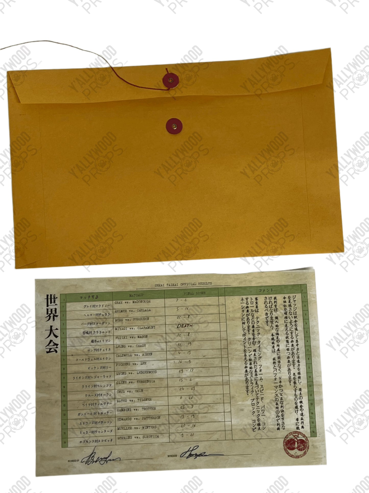 Mr. Miyagi's Sekai Taikai Results S6E9 Cobra Kai Movie Prop Y'allywood Props Screen Used w/ Envelope