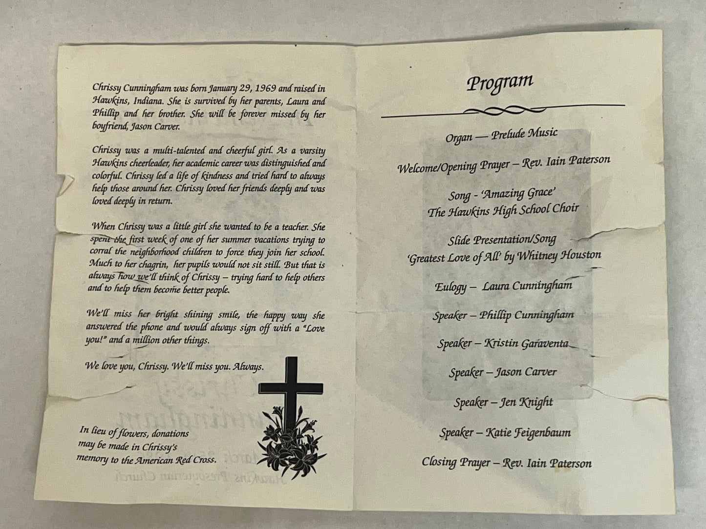 Chrissy Cunningham Funeral Program S4E5 Stranger Things Movie Prop Y'allywood Props