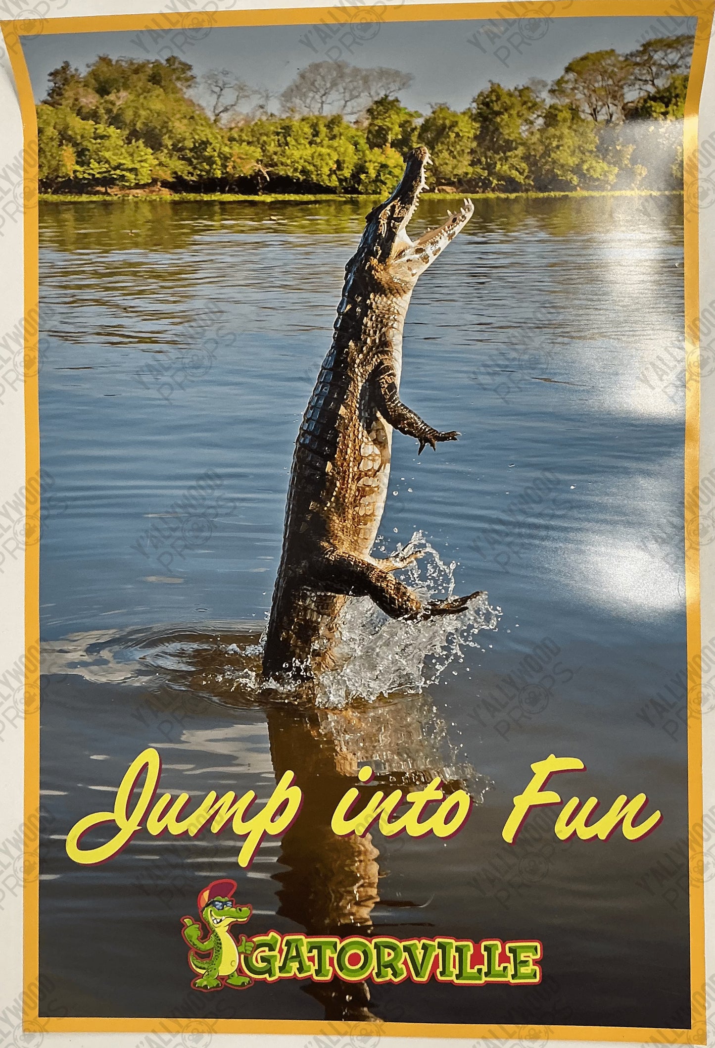 Crocodile jumping out of water with trees in background, "Jump into Fun" and "Gatorville" text, yellow border.