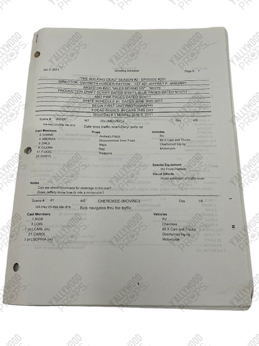 Shooting Schedule S2E1 The Walking Dead Movie Prop Y'allywood Props