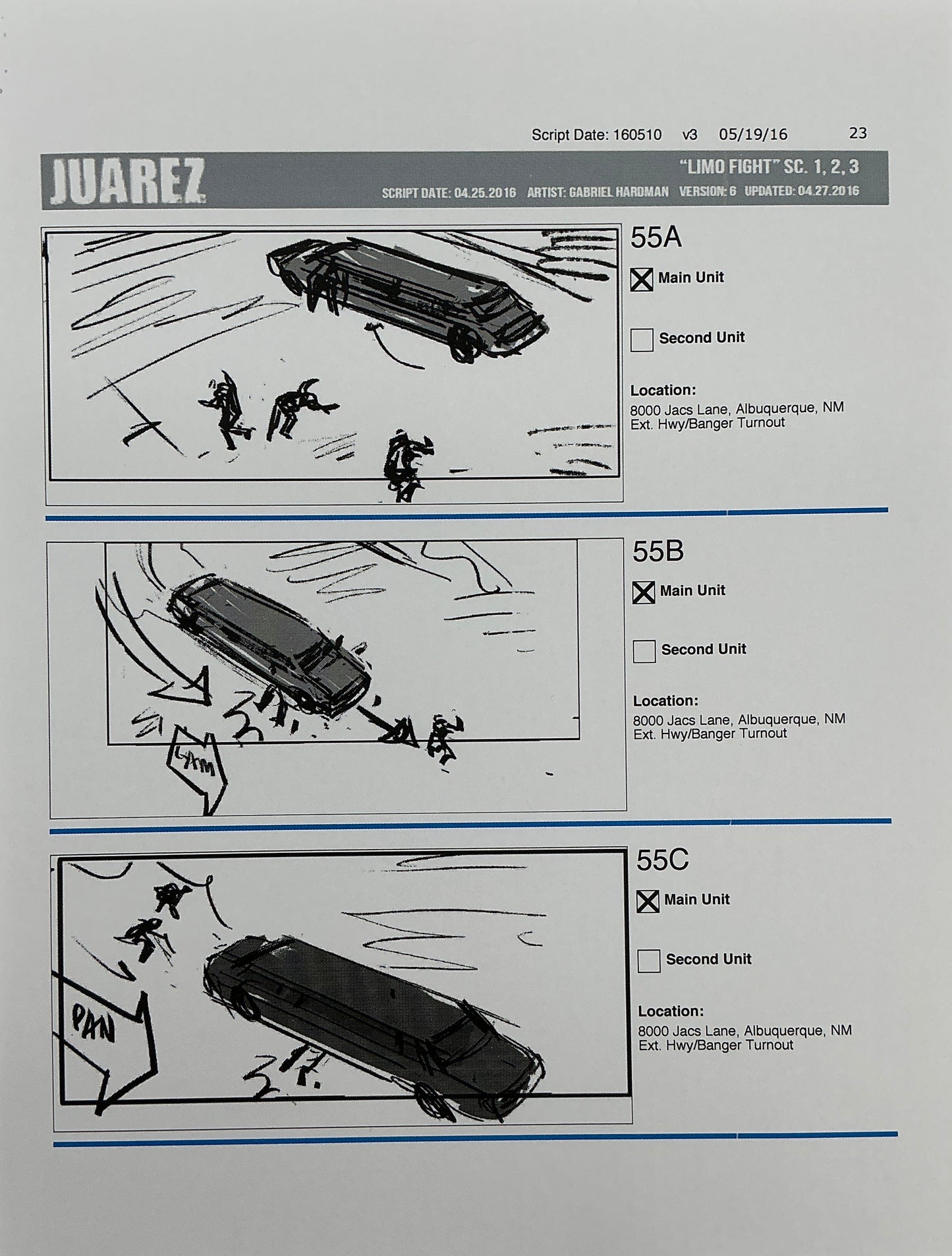 Storyboards Juarez Scenes 1-3 "Limo Fight" Logan (2017) Memorabilia Y'allywood Props Paper 23
