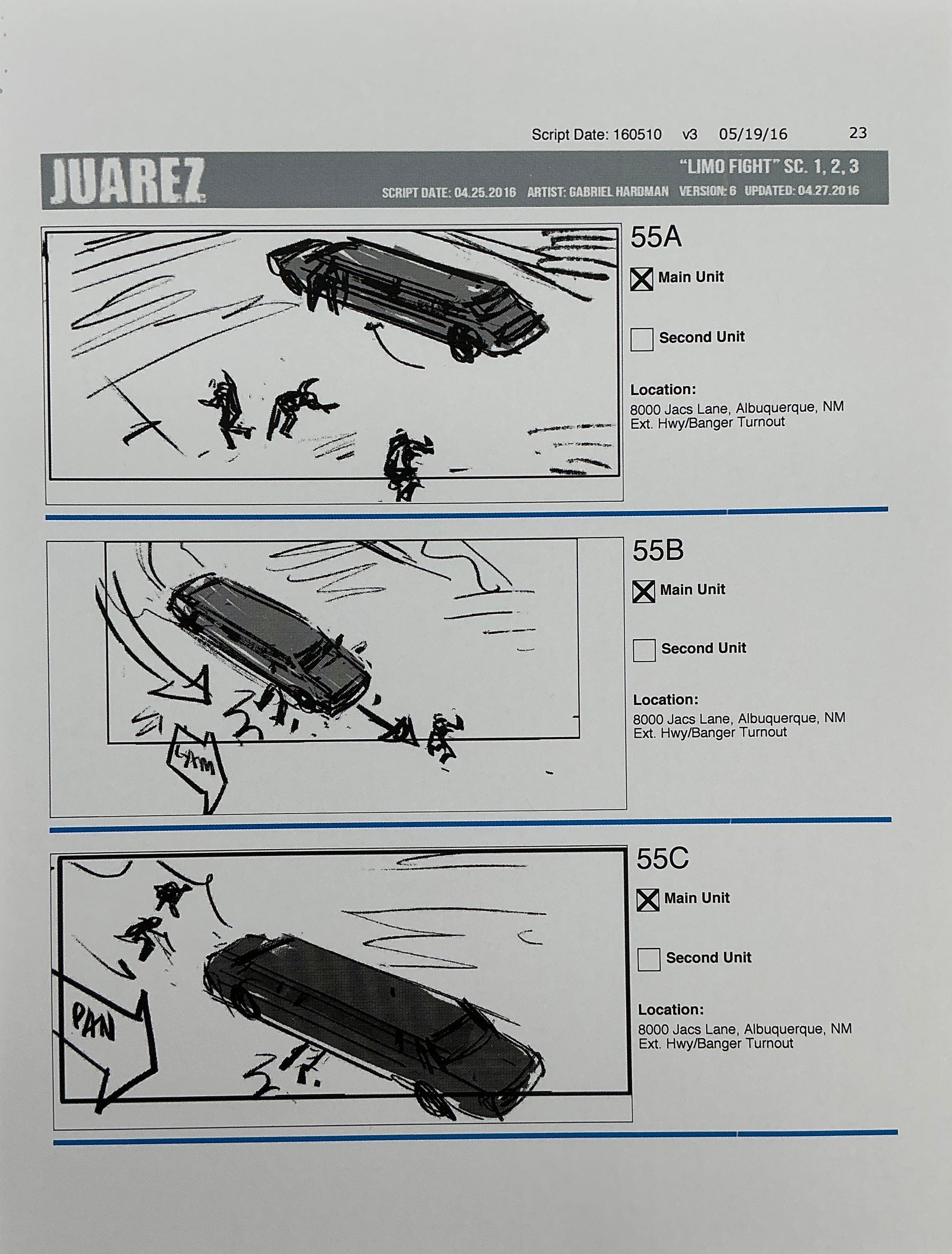 Storyboards Juarez Scenes 1-3 "Limo Fight" Logan (2017) Memorabilia Y'allywood Props Paper 23