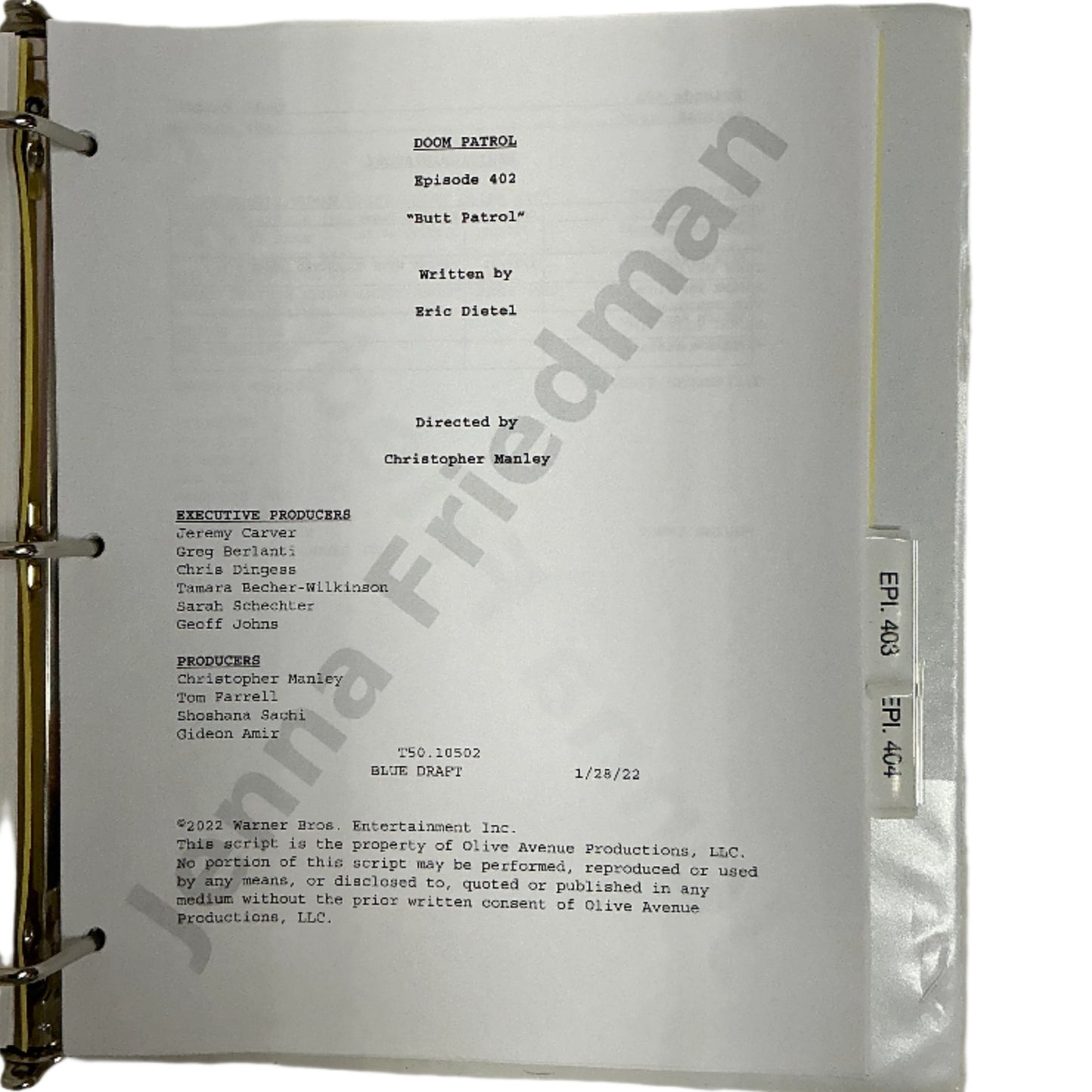 Scripts Episodes 401-405 Doom Patrol (2019) Movie Prop Y'allywood Props