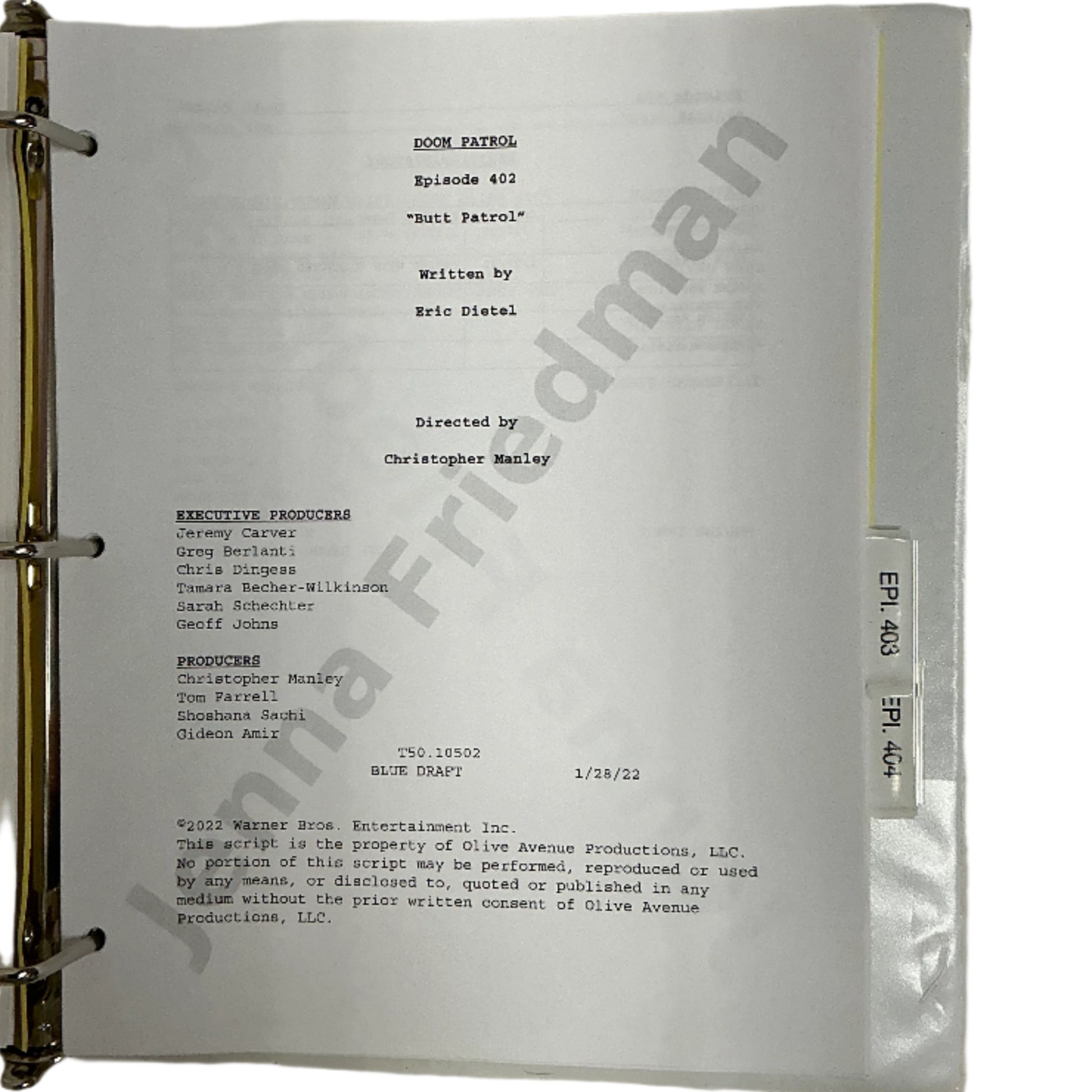 Scripts Episodes 401-405 Doom Patrol (2019) Movie Prop Y'allywood Props