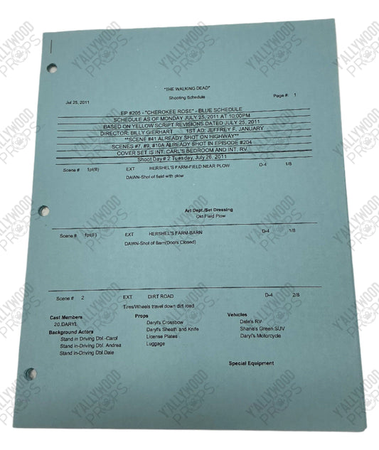 Shooting Schedule S2E5 The Walking Dead Movie Prop Y'allywood Props