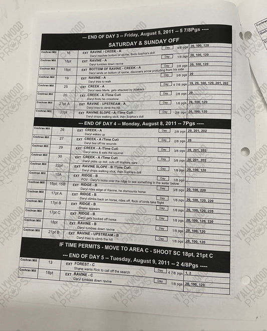 Shooting Schedule S2E6 The Walking Dead Movie Prop Y'allywood Props