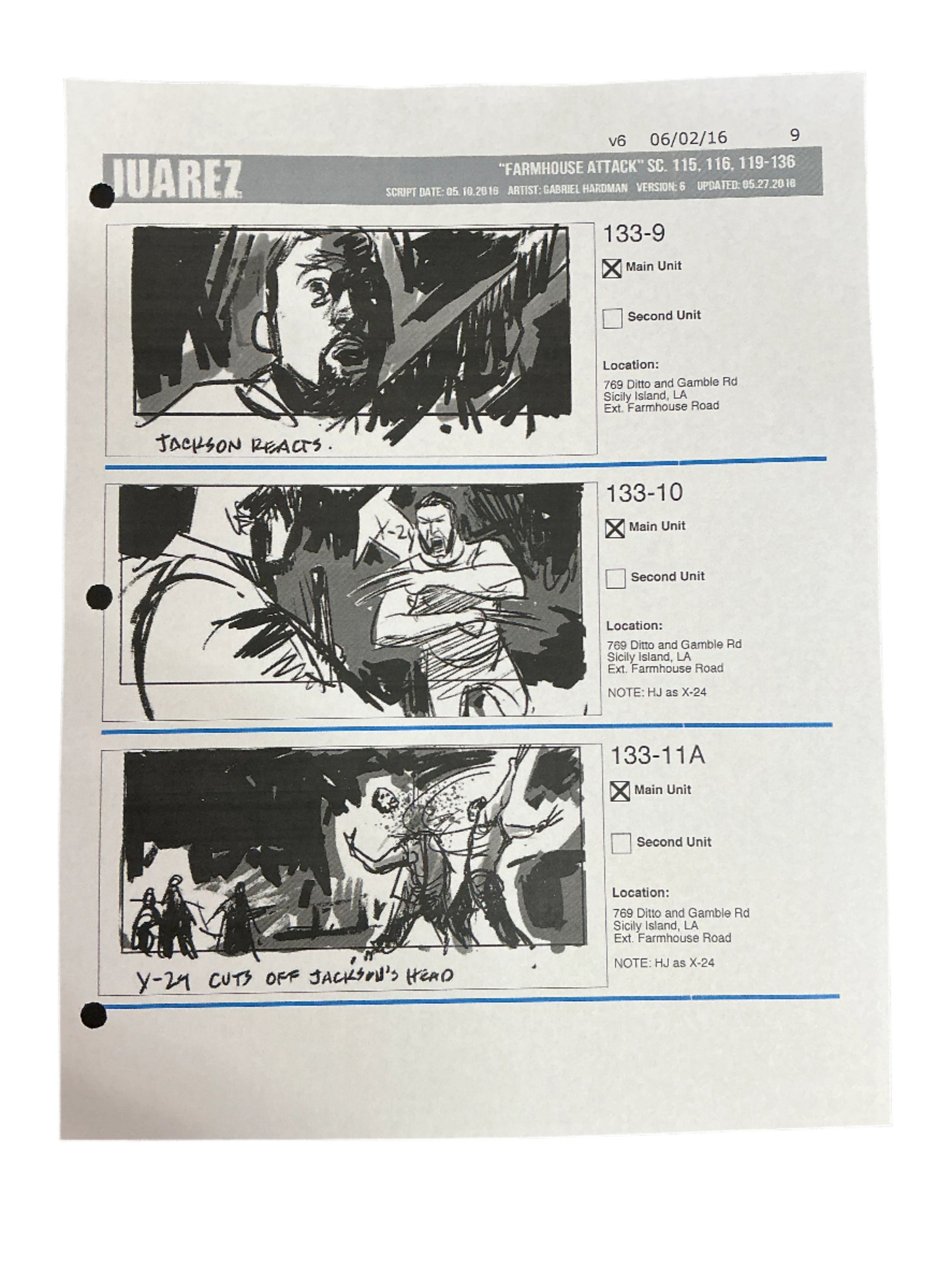 Storyboards Juarez Scene 115, 116, 119-136 Logan (2017) Memorabilia Y'allywood Props Paper 9