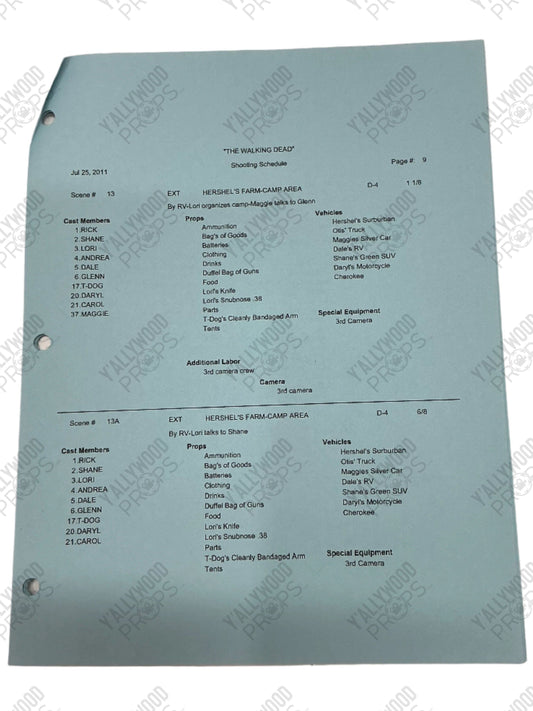 Shooting Schedule S2E5 The Walking Dead Movie Prop Y'allywood Props
