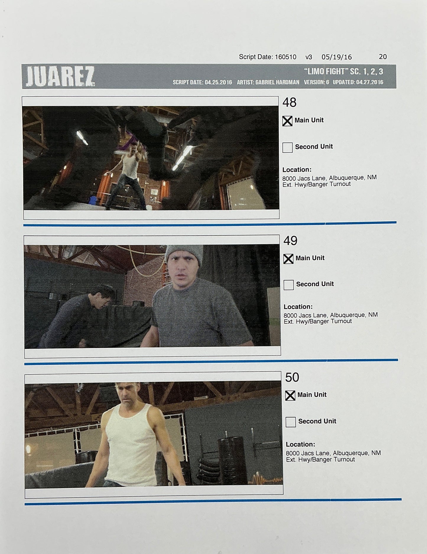Storyboards Juarez Scenes 1-3 "Limo Fight" Logan (2017) Memorabilia Y'allywood Props Paper 20