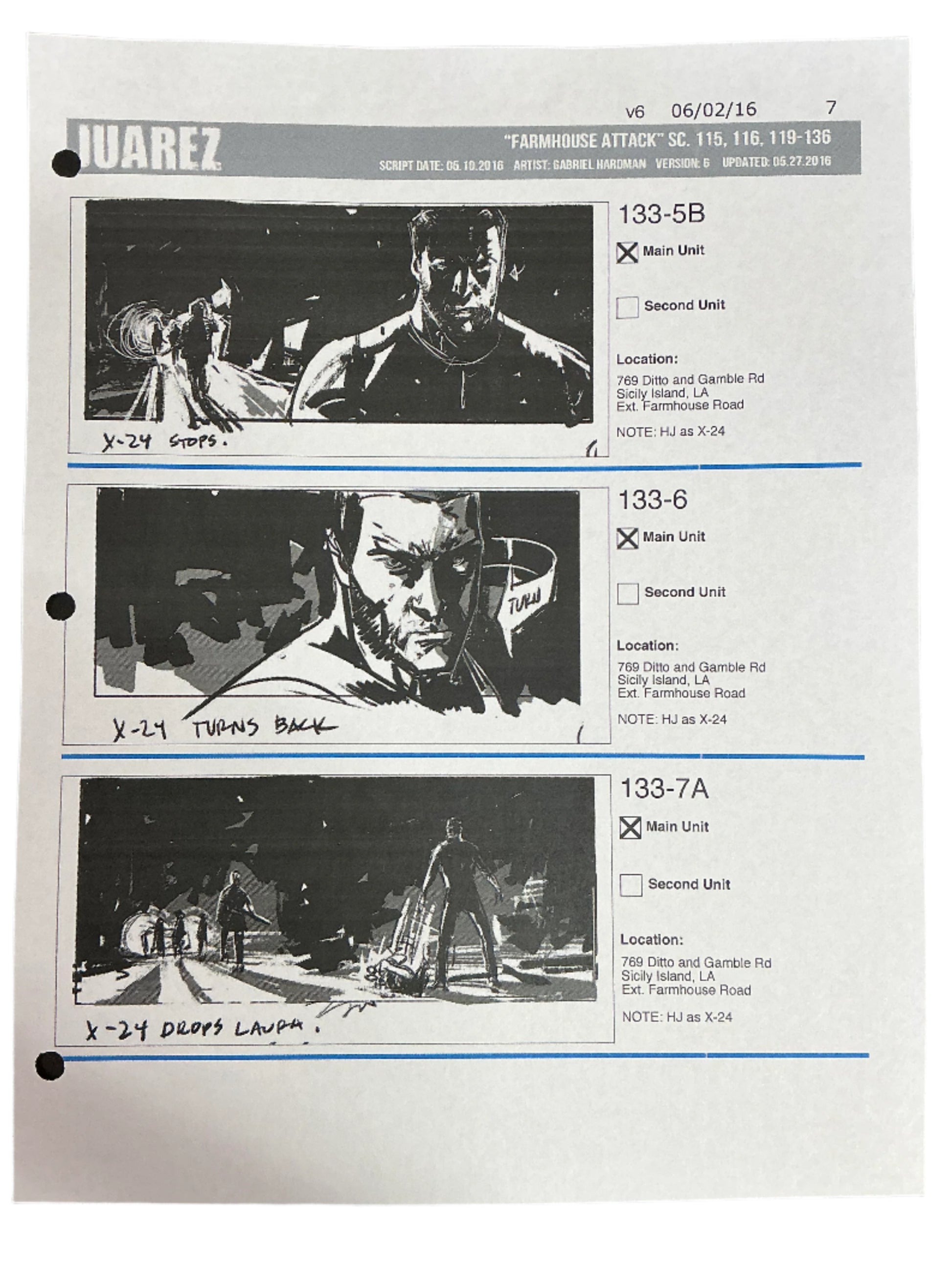 Storyboards Juarez Scene 115, 116, 119-136 Logan (2017) Memorabilia Y'allywood Props Paper 7