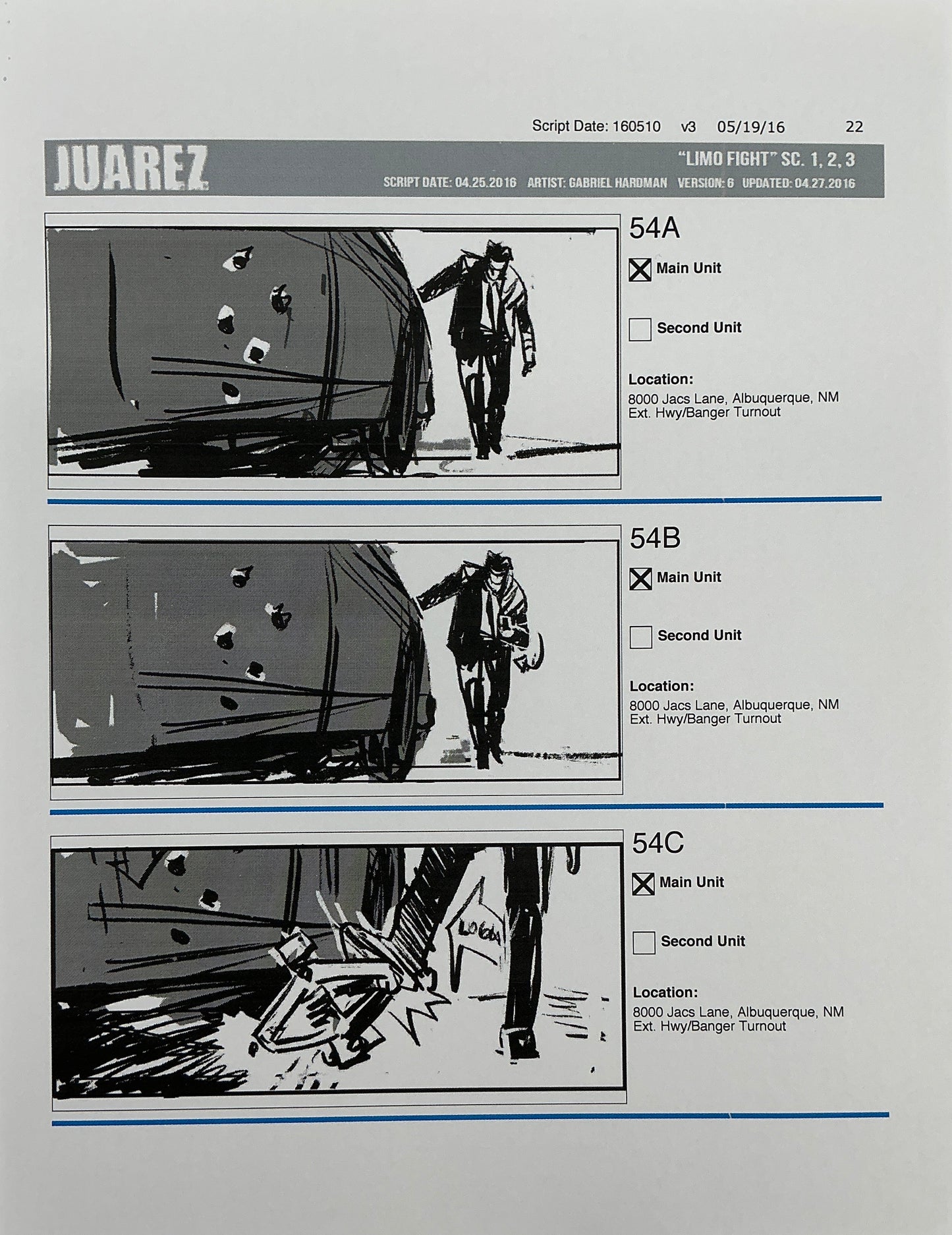 Storyboards Juarez Scenes 1-3 "Limo Fight" Logan (2017) Memorabilia Y'allywood Props Paper 22