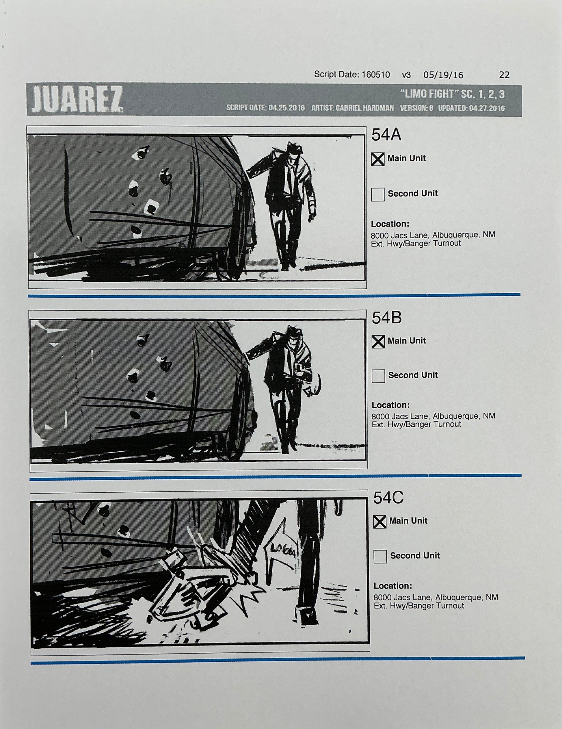 Storyboards Juarez Scenes 1-3 "Limo Fight" Logan (2017) Memorabilia Y'allywood Props Paper 22