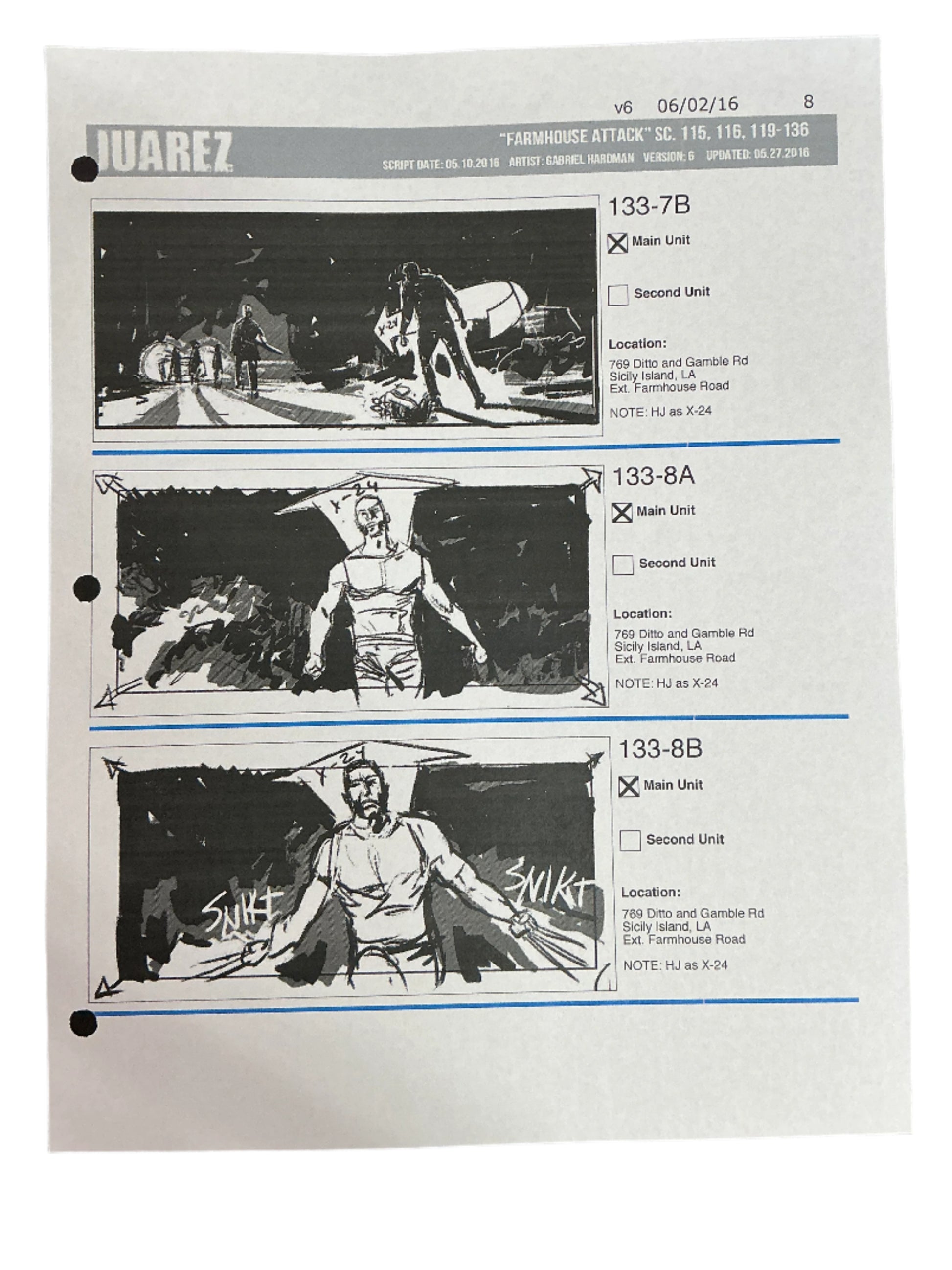 Storyboards Juarez Scene 115, 116, 119-136 Logan (2017) Memorabilia Y'allywood Props Paper 8