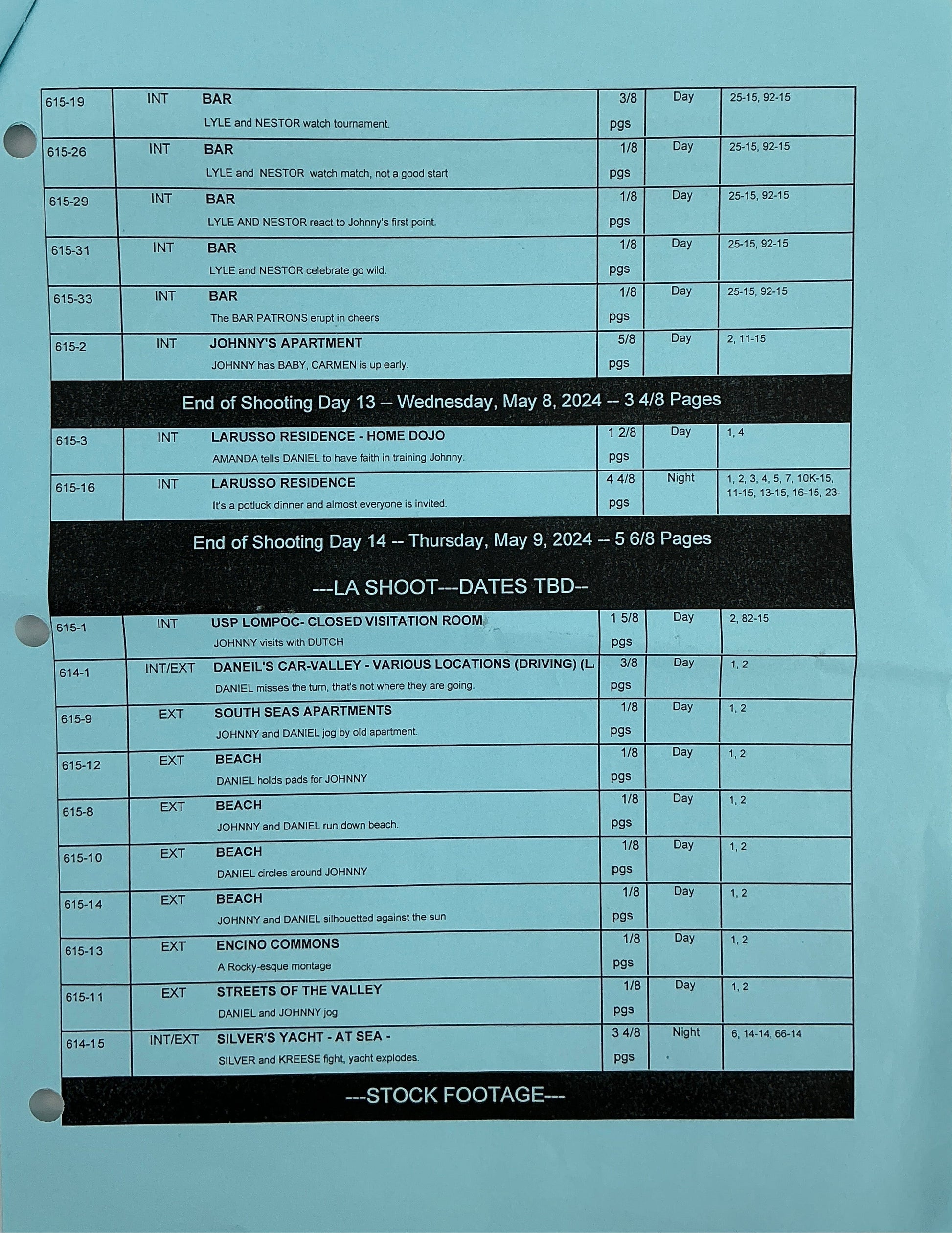 Shooting Schedule Season 6 Episodes 14 & 15 Cobra Kai Memorabilia Y'allywood Props