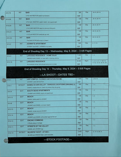 Shooting Schedule Season 6 Episodes 14 & 15 Cobra Kai Memorabilia Y'allywood Props