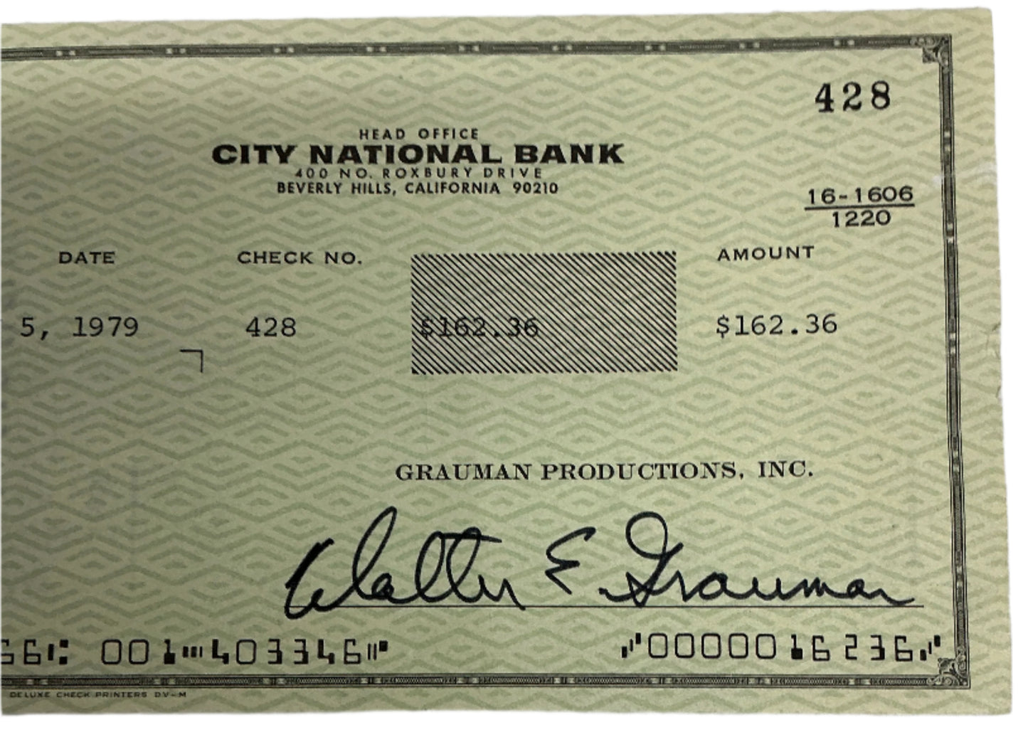 Walter Grauman Hand Signed Personal Check Autograph Y'allywood Props