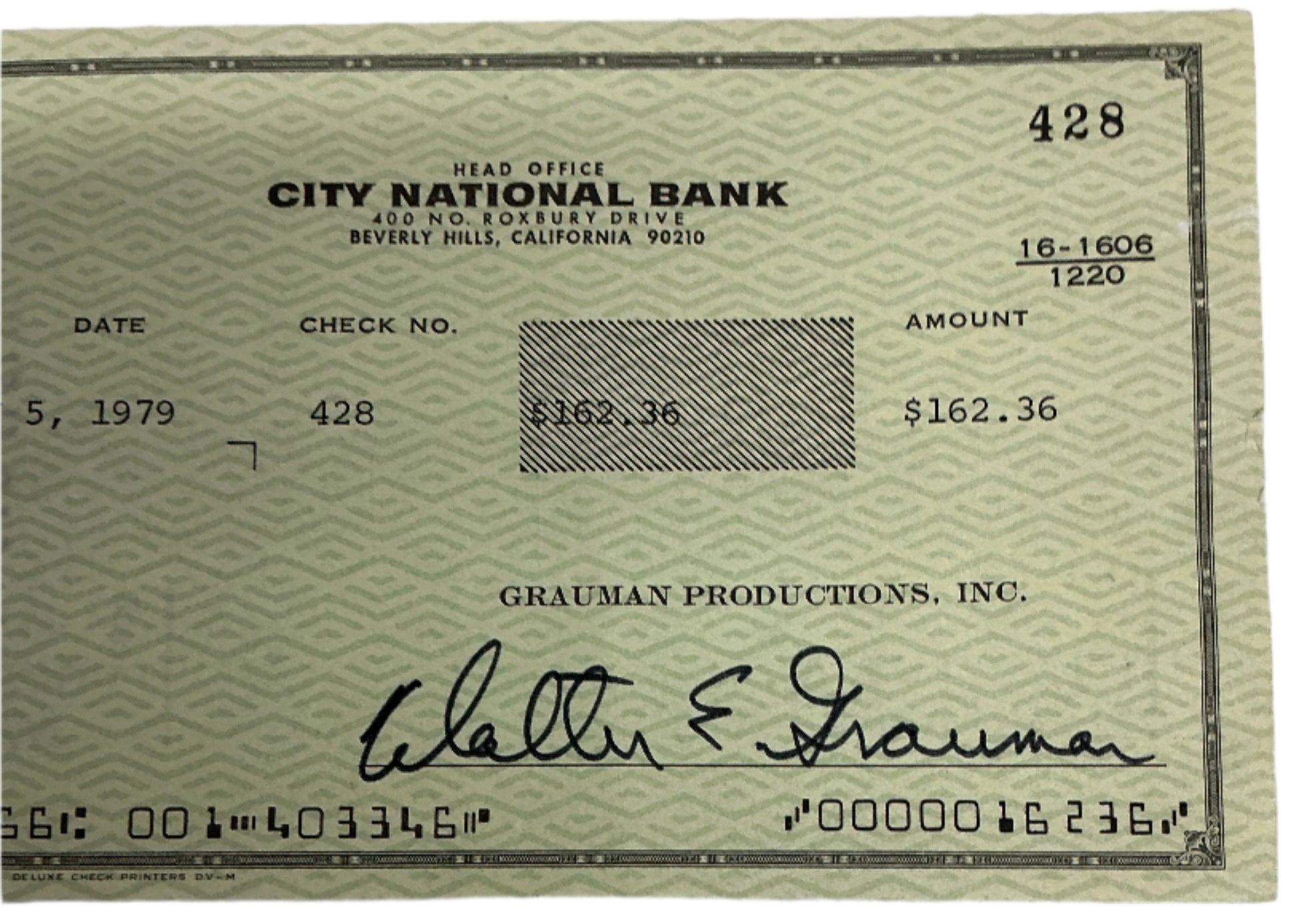 Walter Grauman Hand Signed Personal Check Autograph Y'allywood Props