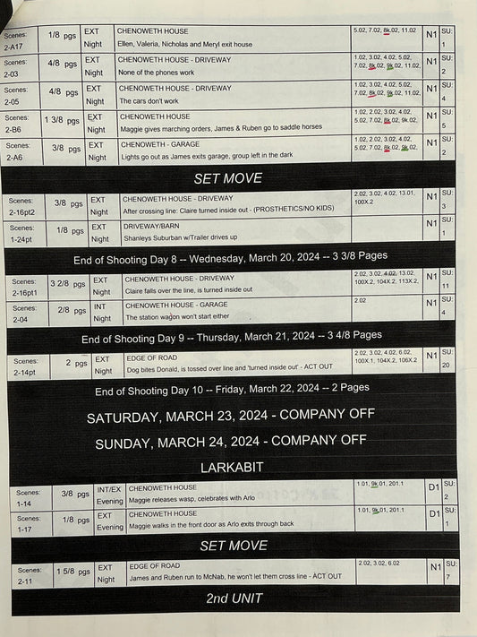 Shooting Schedule Episodes 1 & 2 Teacup (2024) Memorabilia Y'allywood Props