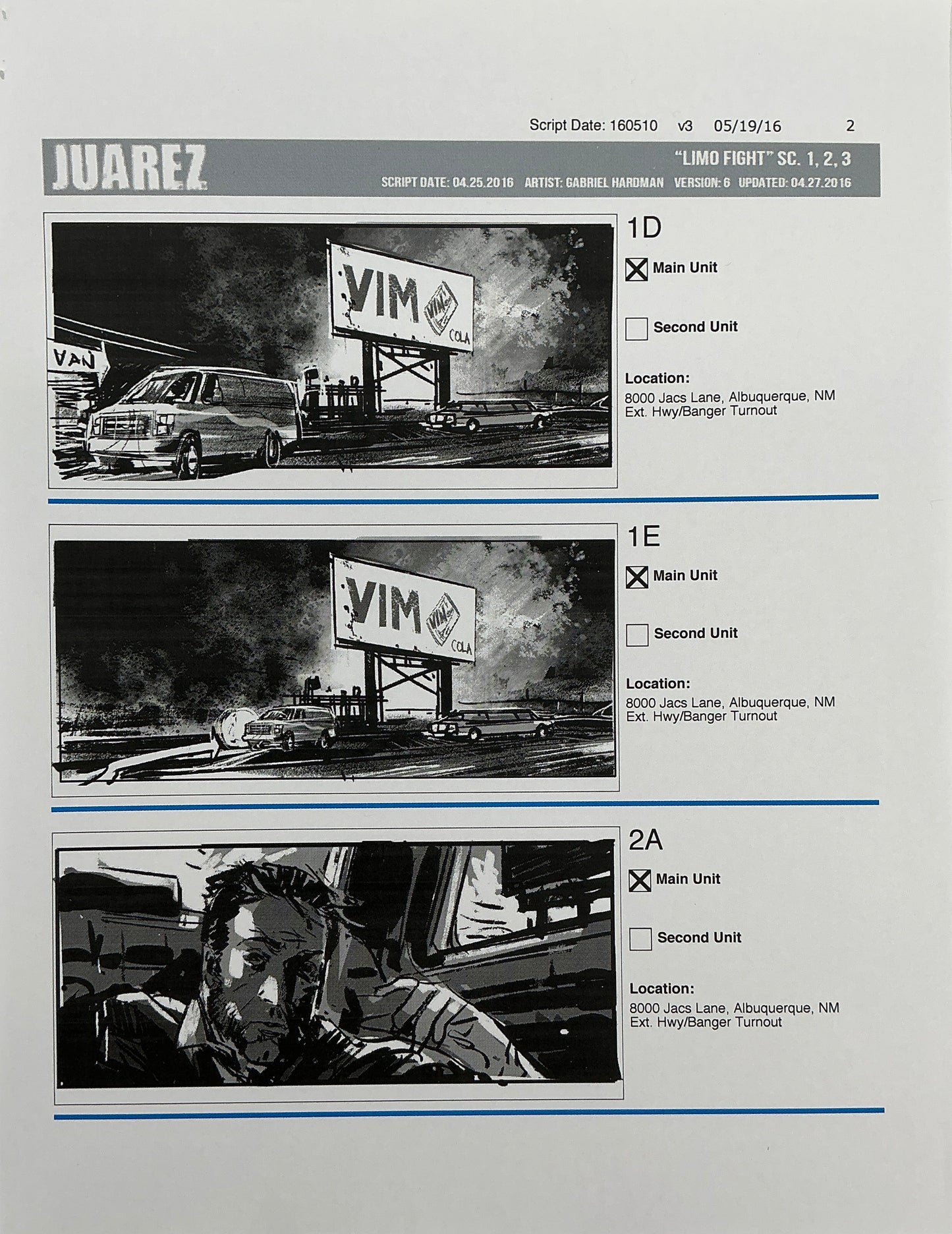 Storyboards Juarez Scenes 1-3 "Limo Fight" Logan (2017) Memorabilia Y'allywood Props Paper 2