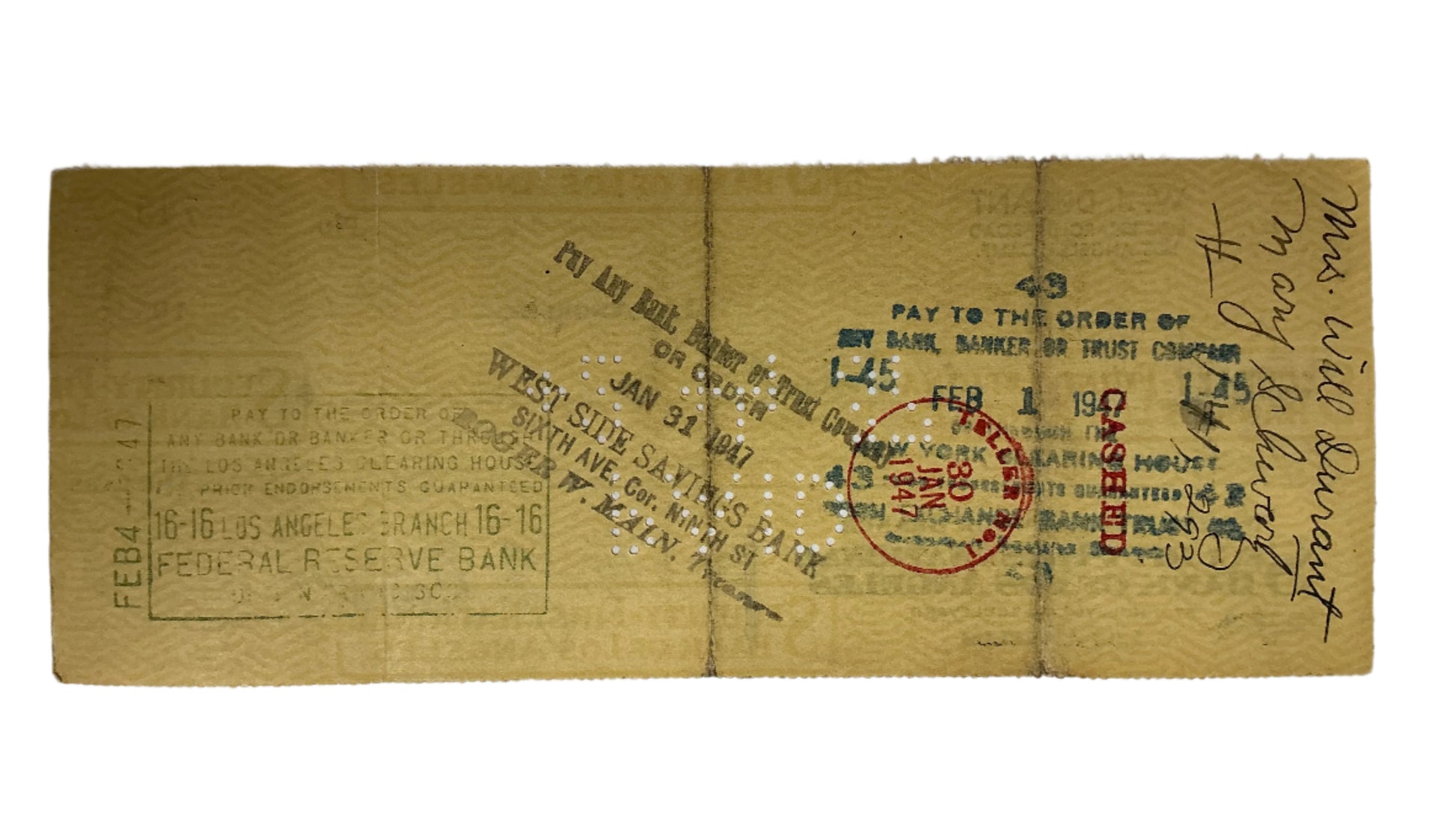 Will Durant Hand Signed Personal Check Autograph Y'allywood Props
