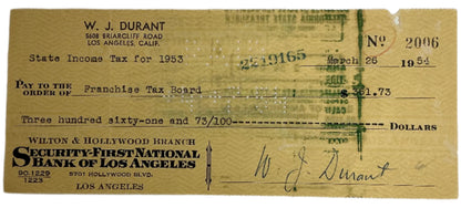 Will Durant Hand Signed Personal Check Autograph Y'allywood Props Option 2