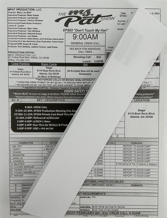 Call Sheet The Ms. Pat Show (2021) Memorabilia Y'allywood Props
