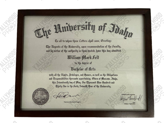 University of Idaho Diploma Mark Felt (2017) Y'allywood Props