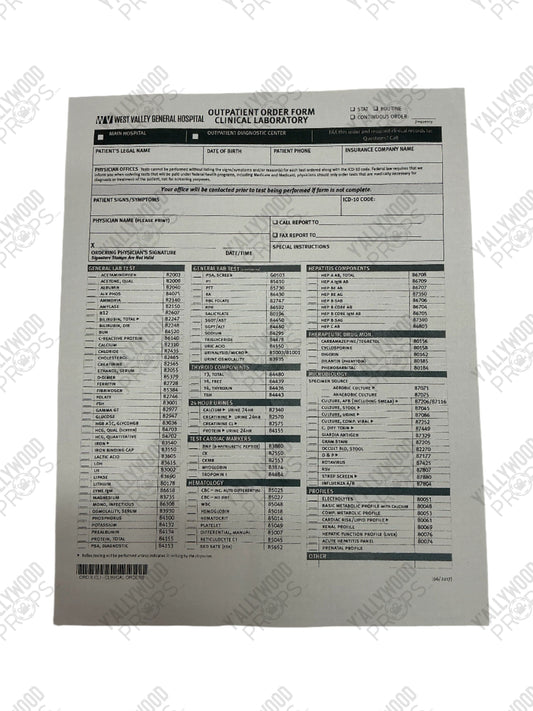 West Valley Hospital Forms Cobra Kai (2018-2025) Movie Prop Y'allywood Props Outpatient Order Form