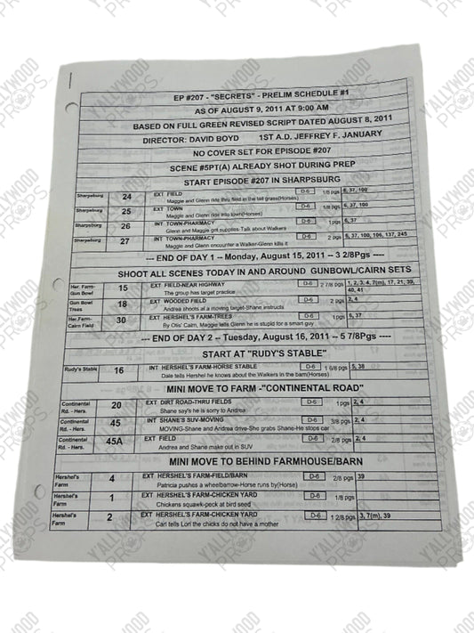 Prelim Shooting Schedule S2E7 The Walking Dead Movie Prop Y'allywood Props