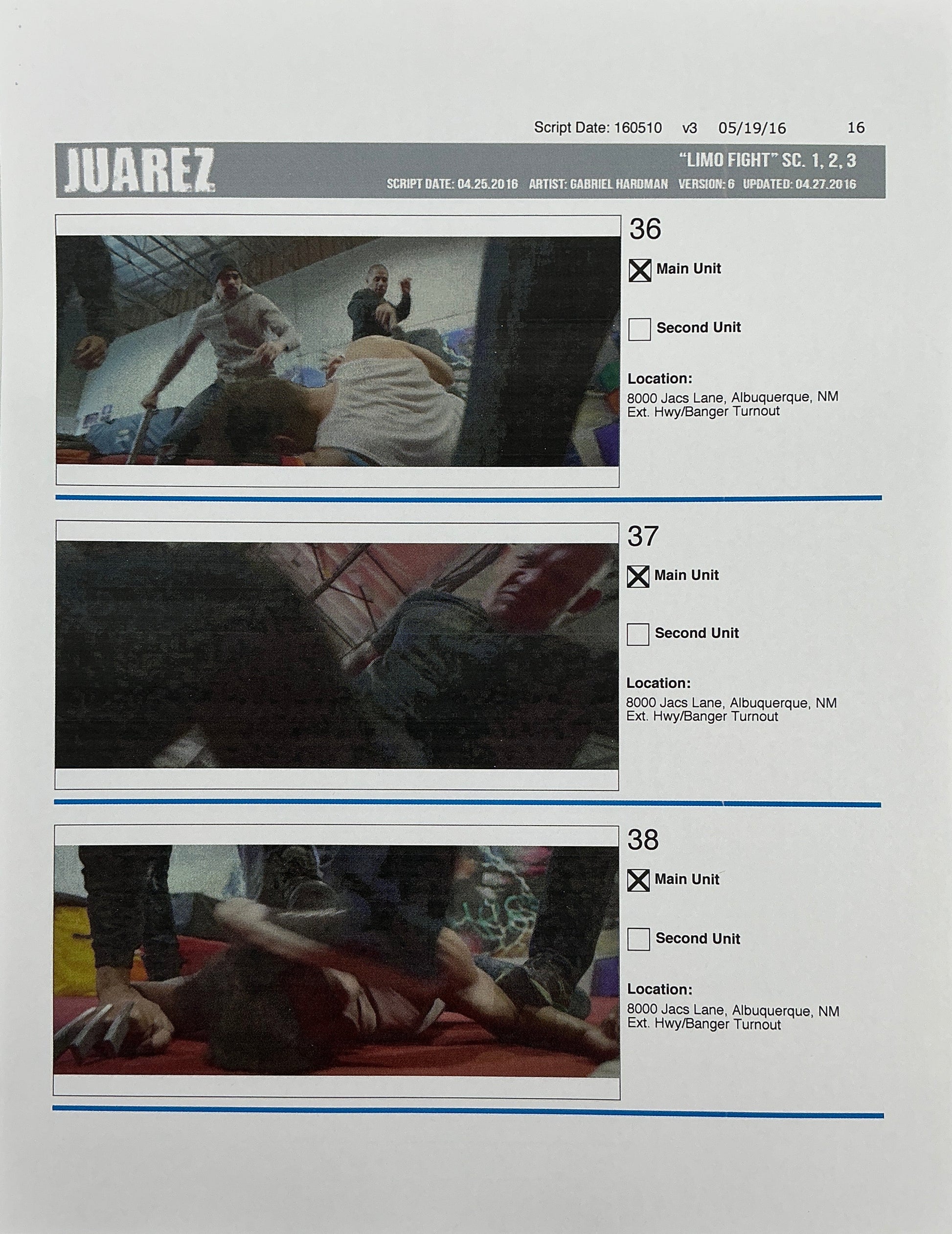 Storyboards Juarez Scenes 1-3 "Limo Fight" Logan (2017) Memorabilia Y'allywood Props Paper 16